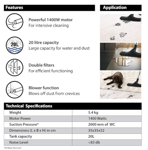 Eureka Forbes Wet & Dry Ultimo 1400 Watts Multipurpose Vacuum Cleaner,Power Suction & Blower with 20 litres Tank Capacity,6 Accessories,1 Year Warranty,Compact,Light Weight & Easy to use (Red) - Image 4